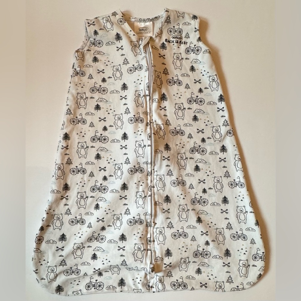 Halo Bear, Tree, Bicycle Print Cream SleepSack 0-6M EUC